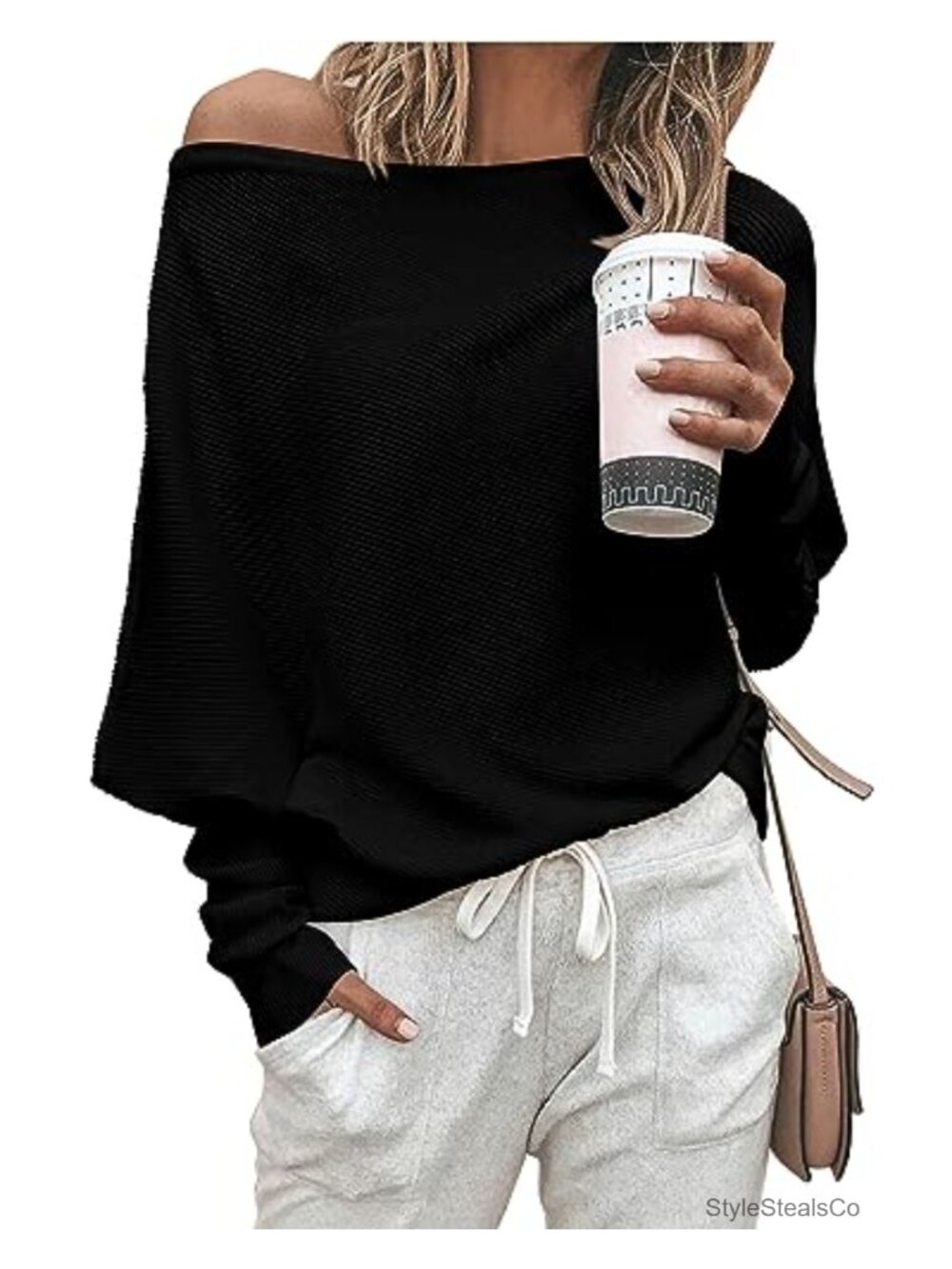 Off Shoulder Knit Pullover Sweater - Batwing Long Sleeve - Women's Loose Fit